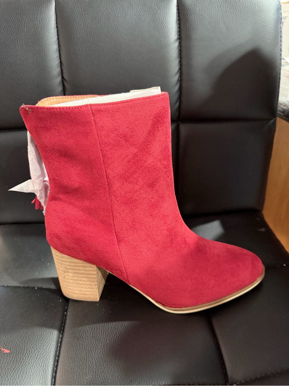 Women’s Red Suede Block Heel Ankle Bootie